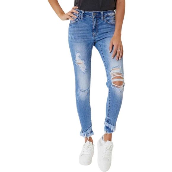 KANCAN DESTROYED DOUBLE FRAYED HEM DENIM SKINNY JEANS - Picture 2 of 16